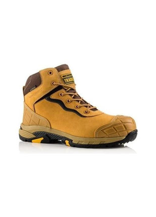 A single tan and black Buckler - Tradez Blitz Waterproof Safety Boot (Blitzhy) with a thick rubber sole, lace-up front, metal-free toe protection, and padded ankle collar, set against a white background.