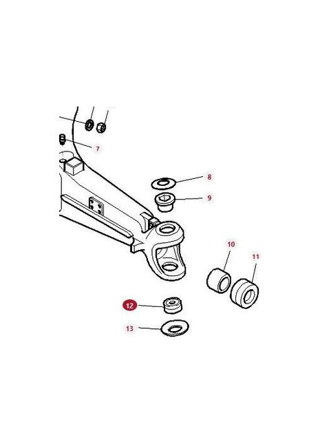 Diagram of a mechanical component assembly with labeled parts. Items 7 through 13 are isolated and numbered, showing individual components, including the Massey Ferguson Thrust Bearing for the Front Axle (product number 3785465M1, VA045161) by AGCO, and their placement within the assembly according to engineering material specifications.