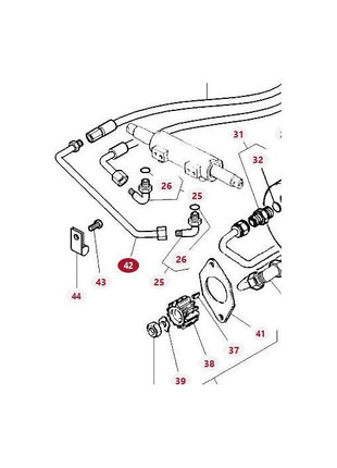 Diagram of a mechanical assembly with numbered components. The parts include pipes, connectors, brackets, bolts, and a steering tube labeled as Massey Ferguson - Massey Ferguson Tube - 3701244M1 from the AGCO brand, each identified with a red number.