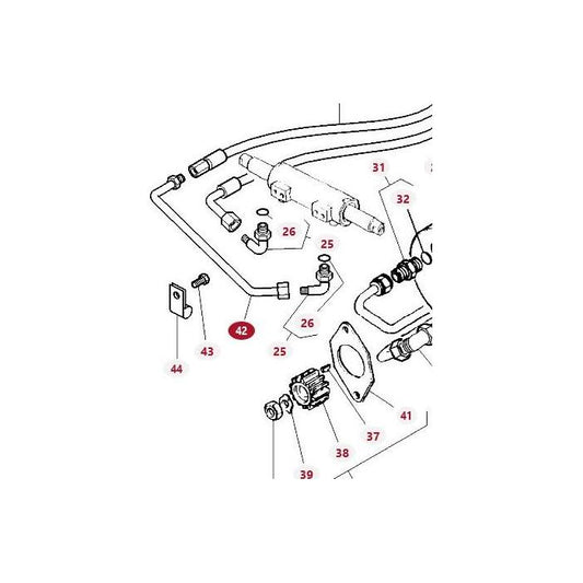 Diagram of a mechanical assembly with numbered components. The parts include pipes, connectors, brackets, bolts, and a steering tube labeled as Massey Ferguson - Massey Ferguson Tube - 3701244M1 from the AGCO brand, each identified with a red number.
