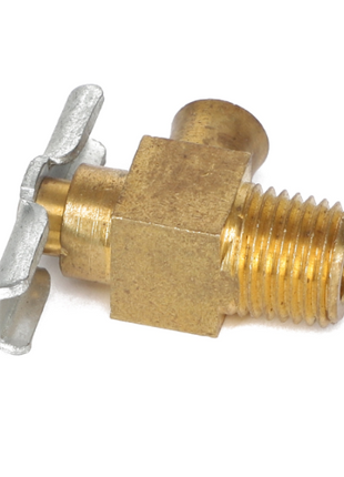 The AGCO DRAIN VALVE - AG515983 by AGCO, featuring threaded ends, a metal to metal seat, and a wing nut control lever, isolated on a white background.