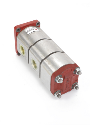 The AGCO Hydraulic Pump (model D45169000) is a rectangular metallic hydraulic pump featuring a red mounting flange and multiple connection points. No current product description information is available.