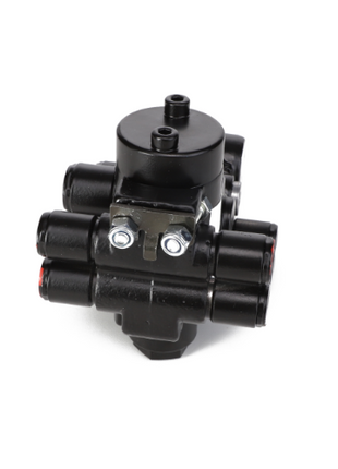 The AGCO | VALVE - AL10550510 is a black mechanical valve assembly featuring multiple cylindrical connections and two screws visible on its central body. No additional product description information is available.