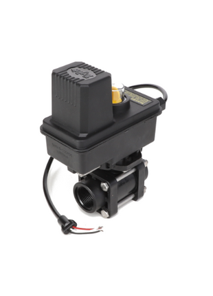 The AGCO | VALVE - AG426397, a sleek black motorized ball valve featuring an attached electrical cable with red and black wires, is topped by a rectangular actuator. This expertly designed unit ensures precise fluid control in piping systems.