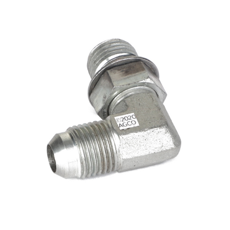 The AGCO ELBOW UNION - AL5028120 is a metallic L-shaped pipe fitting with threaded ends and a hexagonal section in the middle. Featuring an engraved "©2020 AGCO" mark, this product currently has no product description available.