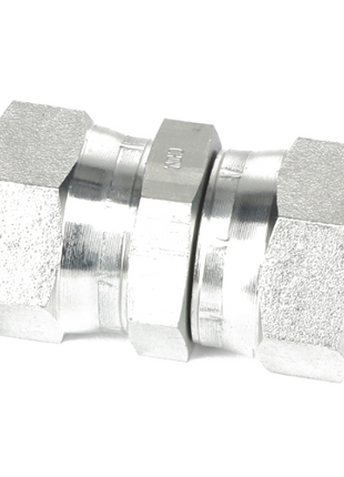 The AGCO | FITTING - AG726766 by AGCO — a robust metal pipe fitting with threaded connectors on both ends, ideal for joining two sections of piping — is shown against a white background. No current product description fully conveys its durability and efficiency.