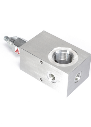 The AGCO RELIEF VALVE - AG334166, a metallic hydraulic valve block with multiple ports and threaded openings, stands prominent on a white background.