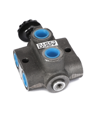 A metal hydraulic valve component labeled "AGCO | SELECTOR VALVE - ACP0143710" by AGCO, featuring three blue ports and a black knob. For details, contact the support team before ordering.