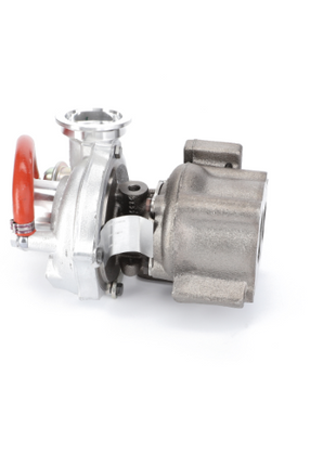 A close-up view of the AGCO Turbocharger (Model: Wg - F339202090180) with a metallic finish and a red pipe attached on the left side. This part, crucial for enhancing engine efficiency, includes various components and fittings for installation.