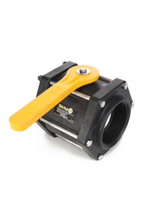 Image of the AGCO | BALL VALVE - AG055297, a black industrial valve with a yellow handle. The valve features metal rods running parallel to its body and threaded ends for pipe connections. For more details, refer to our Product Description or contact our Support Team for assistance.