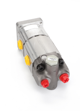 The AGCO | HYDRAULIC PUMP - D45167000, a robust metallic hydraulic pump with vibrant red and yellow caps on its ports, crafted for industrial use by AGCO, is showcased against a pristine white background.