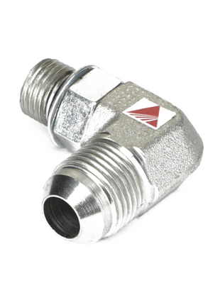 A metallic 90-degree elbow pipe fitting with threaded ends, featuring a red triangular logo on its side known as AGCO | ELBOW - AG514800 by AGCO; however, no current product description information is available.