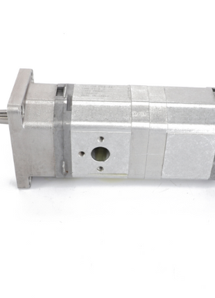 The AGCO | Pump - La322049800, a cylindrical metallic hydraulic gear pump with a mounting bracket, featuring a protruding shaft and multiple ports, is showcased on a plain white background, giving no substantial information about its specifications or applications.