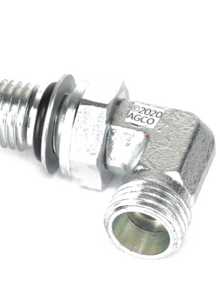 A metal hydraulic elbow fitting with threaded ends, branded as "AGCO | Elbow Fitting - Acw3739620" and marked with "©2020 AGCO". No current product description information available.