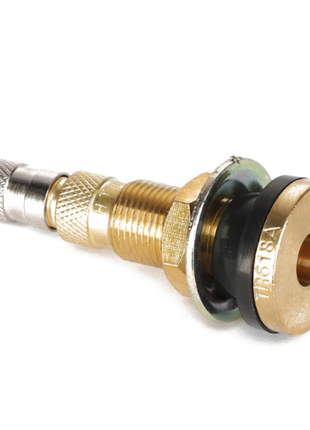 The AGCO | VALVE STEM - AG517766 is a metal valve stem designed for air inflation and pressure maintenance in tires, featuring an integrated black rubber gasket and threaded brass components. No current product description information available.