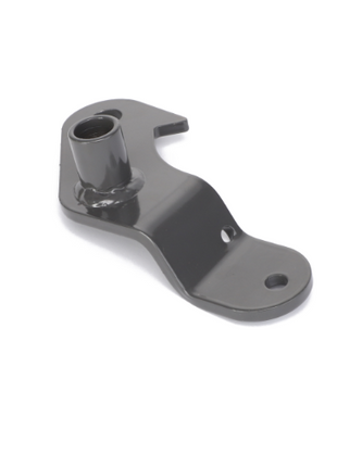 The AGCO Arm - Acx2479590 is a metallic, dark gray bracket with a curved shape, featuring a cylindrical protrusion on one end and a hole near the other.