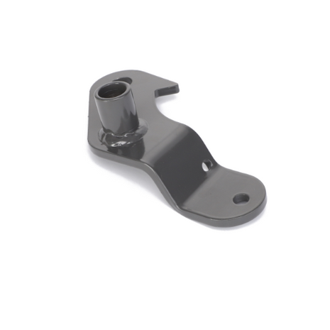 The AGCO Arm - Acx2479590 is a metallic, dark gray bracket with a curved shape, featuring a cylindrical protrusion on one end and a hole near the other.