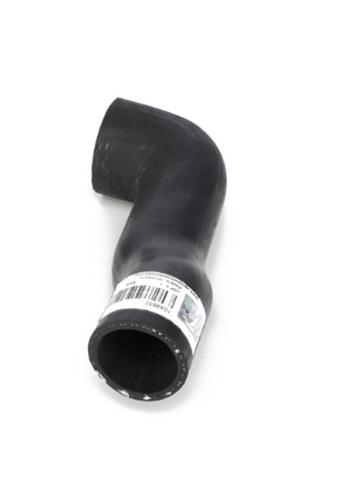 A curved black rubber hose, labeled as AGCO | HOSE - 10A9932, featuring a white label and barcode on one end, is placed against a plain white background. For any questions about ordering, please contact our support team.