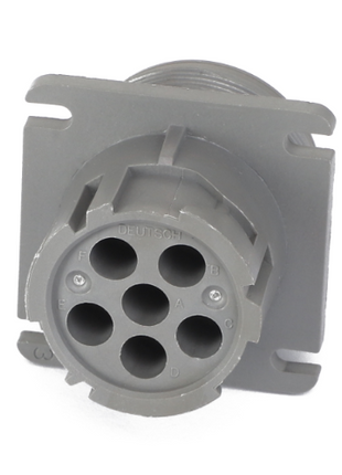 The AGCO RECEPTACLE CONNECTOR - AG523401 is a gray connector featuring six circular ports, labeled A, B, C, D, E, and F. It is designed for electrical or data transmission applications. No additional product description information is currently available.