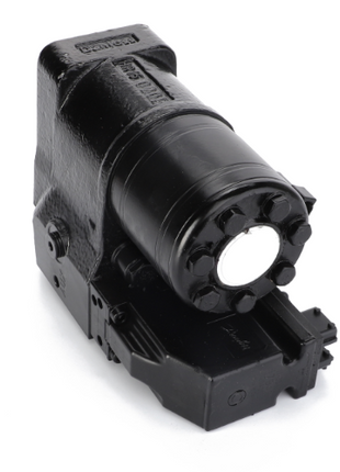 The AGCO | Steering Pump - Acw0445770, a black hydraulic pump featuring multiple connectors and designed for mechanical applications, is set against a white background. The pump boasts a cylindrical body atop a rectangular base.