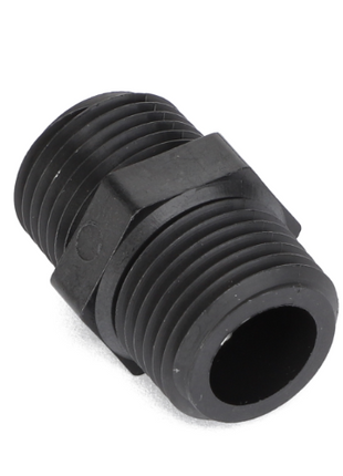 The AGCO | CLOSE NIPPLE - AG610744 is a black, threaded pipe connector with a hexagonal middle section that allows for two pipes to be joined together. Unfortunately, no additional product description information is available at this time.