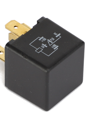 A black AGCO Relay 20/30 A - AG517414 with three gold-plated prongs and a diagram on the top surface, designed for optimal integration with AGCO Parts Genuine Electrics.