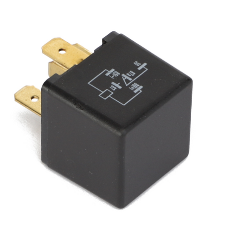 A black AGCO Relay 20/30 A - AG517414 with three gold-plated prongs and a diagram on the top surface, designed for optimal integration with AGCO Parts Genuine Electrics.