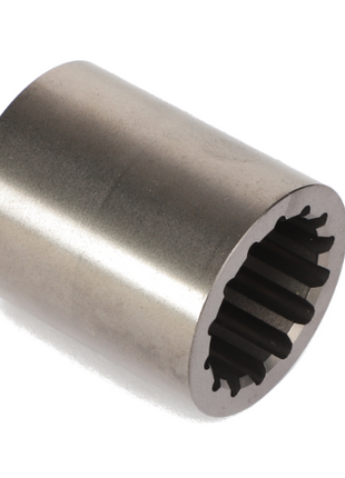 The AGCO | COUPLING - AG425745, a polished metal cylindrical gear coupling featuring an internal spline, is meticulously displayed against a pristine white background.