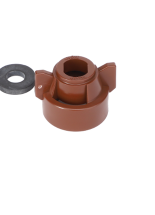 Image of an AGCO Quick TeeJet Cap, Brown for Oval (ACP0484610), made of plastic with a metal washer next to it. For more details, consult our product description or reach out to our support team for assistance before ordering.
