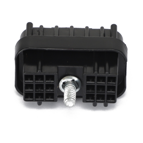 Close-up of the AGCO electrical connector (AG516857) featuring a black design with multiple pin slots and a central metal screw. No current product description available.