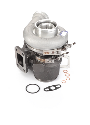 An isolated image showcasing the AGCO Turbocharger Kit Ewg - Acp0507650 along with its gaskets and hardware on a white background, emphasizing its contribution to enhancing engine efficiency.