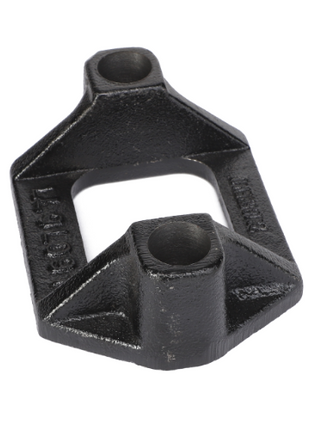 The AGCO | FRAME BRACKET - AG239174 is a black, heavy-duty metal bracket designed for mechanical or structural applications. It features two bolt holes and a rectangular central opening. This product is manufactured by AGCO.