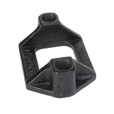 The AGCO | FRAME BRACKET - AG239174 is a black, heavy-duty metal bracket designed for mechanical or structural applications. It features two bolt holes and a rectangular central opening. This product is manufactured by AGCO.