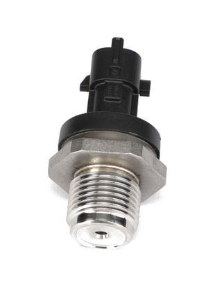 Image of the AGCO | Pressure Sensor - Acp0307650, a black and silver automotive sensor commonly used to measure pressure or temperature in various vehicle systems. This AGCO sensor features a threaded metal section and a plastic connector for reliable performance.