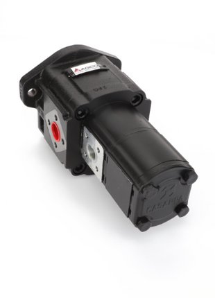 The AGCO hydraulic pump (Model: D45166901) in black, features a labeled metal section, multiple ports, and mounting holes, all showcased against a pristine white background.