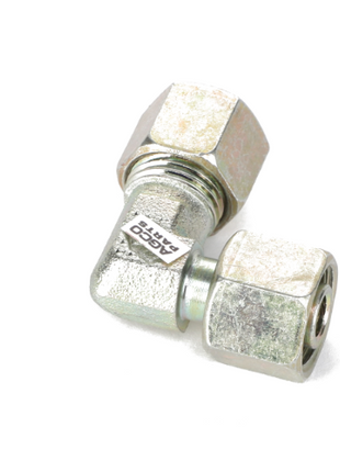 A metallic right-angle pipe fitting with hexagonal nuts on both ends, marked with the text "AGCO PART." No current product description information is available. Product Name: AGCO | ADAPTER - AL5027967, Brand Name: AGCO.