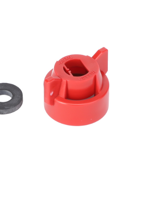 Red Quick TeeJet Cap (ACP0484470) by AGCO made from plastic and featuring a metal washer displayed against a white background. No current product description available.