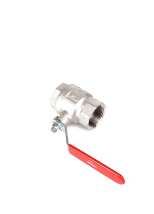 The AGCO | BALL VALVE - AG334320, a durable metal ball valve from the AGCO brand, features a vibrant red handle and is displayed against a pristine white background. The valve includes threaded ends, ensuring secure and easy connections to pipes.