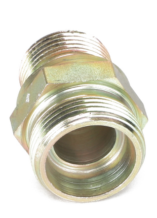 Product Name: AGCO THREADED STUD - F926202210240
Brand Name: AGCO

Description: A durable, metallic threaded pipe fitting featuring a hexagonal middle section for easy tightening and installation.