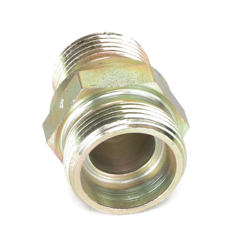 Product Name: AGCO THREADED STUD - F926202210240
Brand Name: AGCO

Description: A durable, metallic threaded pipe fitting featuring a hexagonal middle section for easy tightening and installation.
