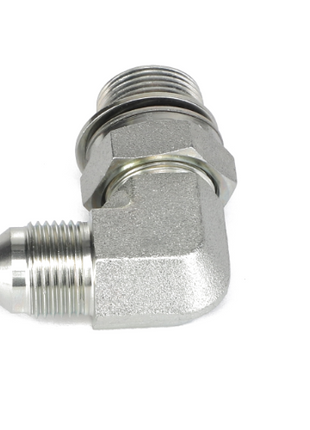 Introducing the AGCO | ELBOW - AG520923: a silver metal elbow pipe fitting featuring threaded ends and a central hexagonal nut.