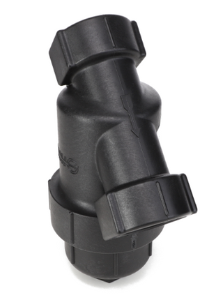 Introducing the AGCO Strainer - Ag053066, a black plastic Y-strainer with threaded connections at both ends, expertly designed by AGCO for filtering fluids in piping systems.