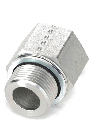 The AGCO | ADAPTER FITTING - AG517938 is a robust metal hexagonal pipe fitting designed with external threading and a circular opening. It features an O-ring near the threads to ensure a secure fit. This high-quality fitting is brought to you by the trusted brand, AGCO.