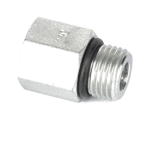 An AGCO ADAPTER FITTING - CH148-8305, featuring a hexagonal brass pipe construction with a threaded end and a secure O-ring seal.