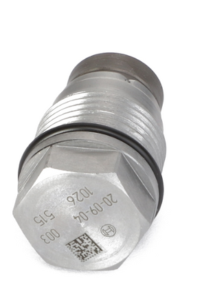 An image of the AGCO Pressure Relief Valve - F530200710210, a metal industrial component inscribed with "20-19-01 1026 003" and a QR code on one end. It features a hexagonal part and an O-ring. No product description available.