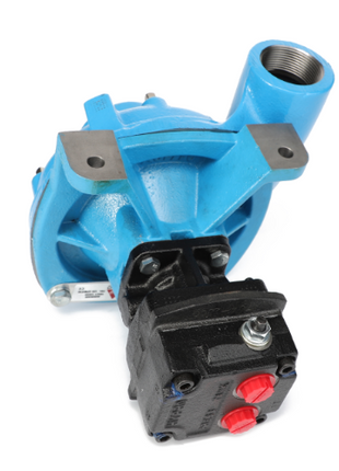 Image of the AGCO Hydraulic Centrifugal Pump - AG520320, exhibiting a blue and black industrial assembly with multiple connection points and a reinforced black base. Notable features include prominent bolt heads and red plugs on the lower section. Engineered for maximum durability, this unit employs AGCO Genuine Parts to ensure long-lasting performance in application equipment.