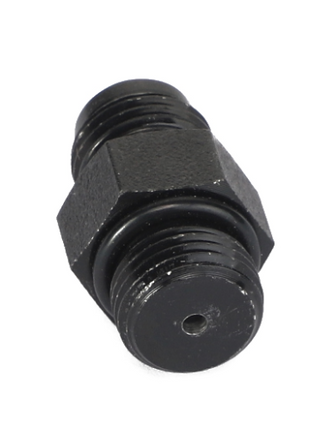 Close-up image of the AGCO Adapter - Acx2416810, a black, threaded, cylindrical metal fitting with a hexagonal central nut. No current product description information is available.