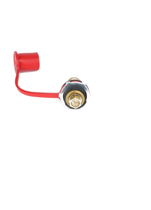 The AGCO Battery Terminal - AG522297, a red electrical connector featuring a protective rubber cap, pictured against a white background.