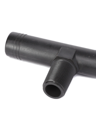 The AGCO | NOZZLE ELBOW - AG515490, a robust T-shaped fitting from AGCO in black, features threaded ends designed to securely connect three pipes with precision.