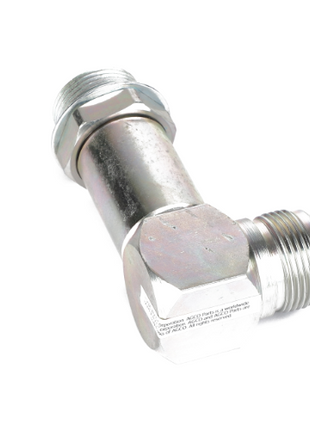 The AGCO ELBOW FITTING - 8046997 is a metal pipe elbow fitting with threaded ends and a hexagonal nut, designed for connecting two pipes at a 90-degree angle. If you have any product questions, don't hesitate to contact our support team.